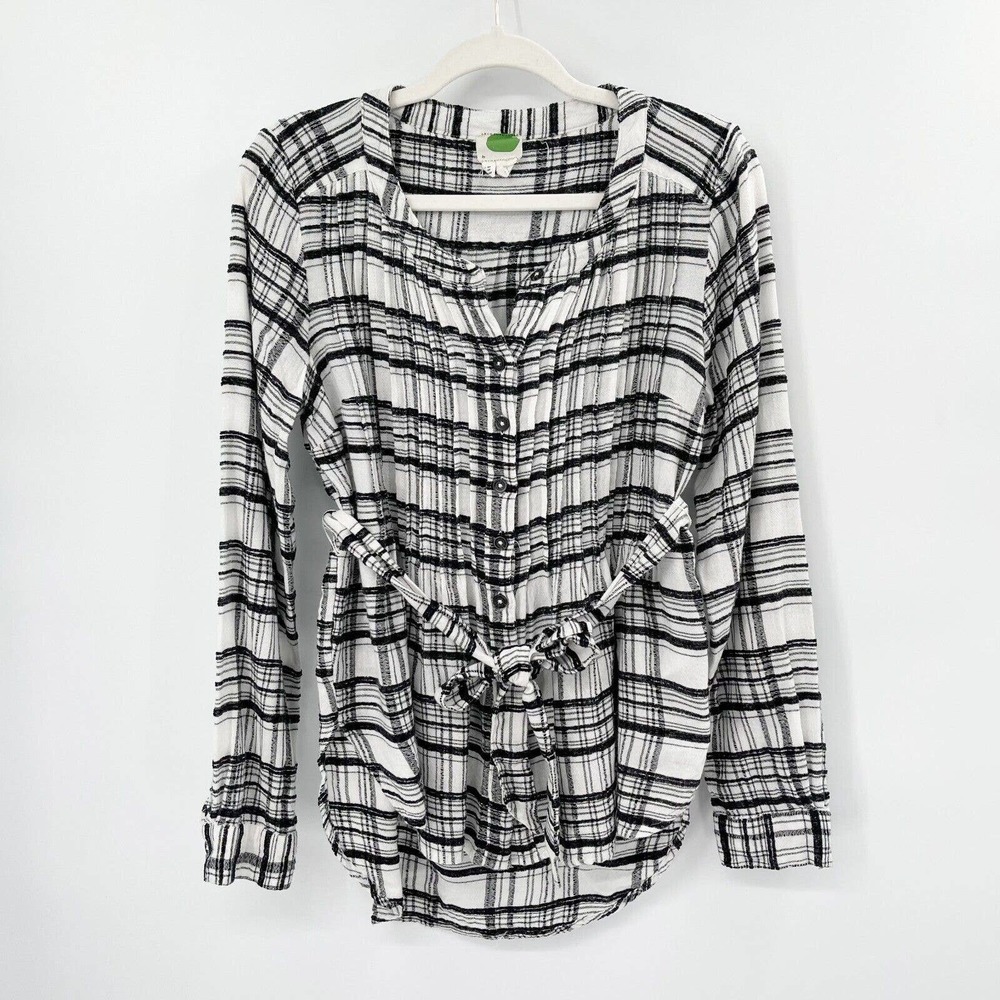 Anthropologie Plaid Belted Top Button Down Size‎ 2P Black White Tie Waist Wool